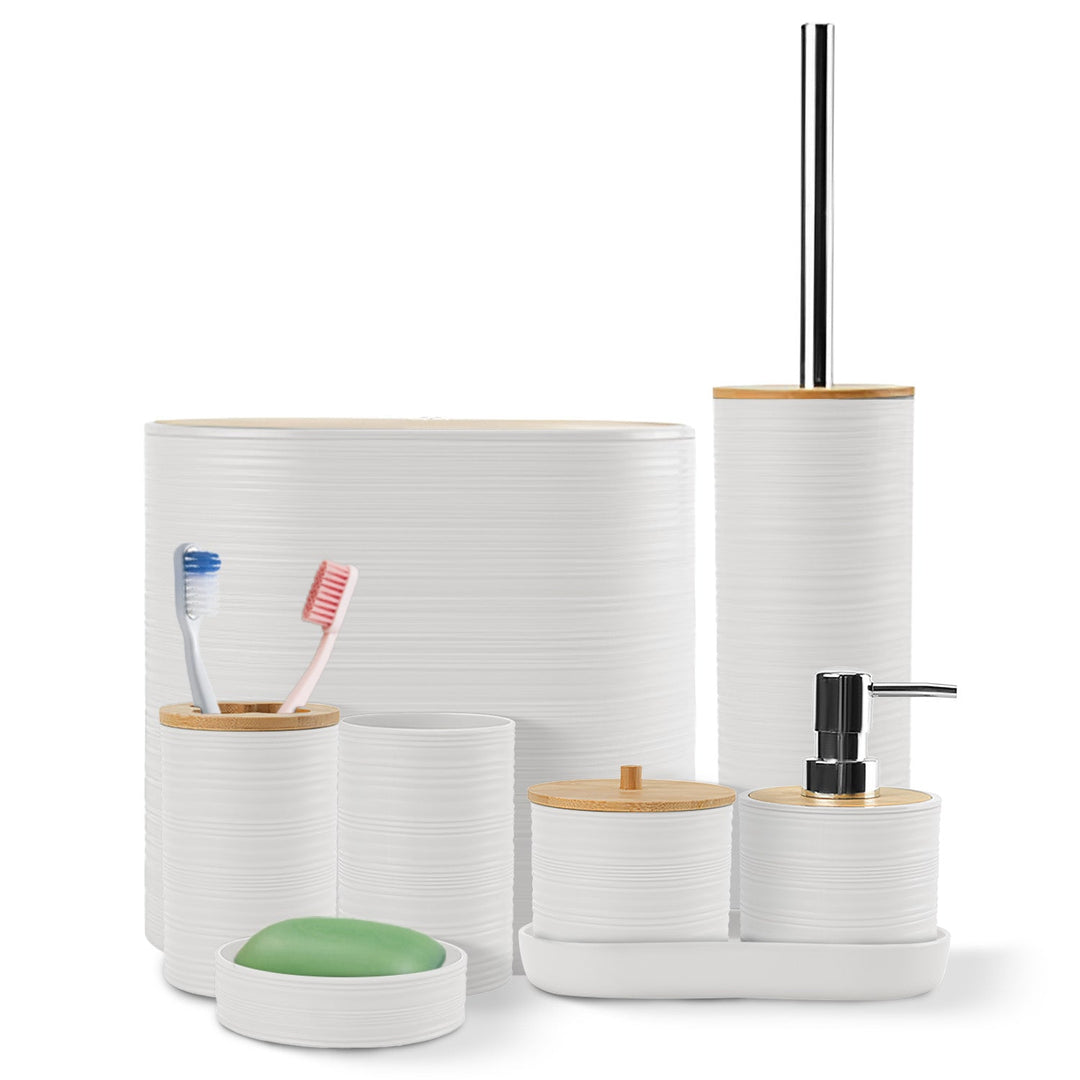8Pcs Bathroom Accessories Set Bathroom Holder Set with Soap Dispenser Toothbrush Holder Cup Soap Dish Toilet Cleaning Brush Trash Can Qtip Holder Vani