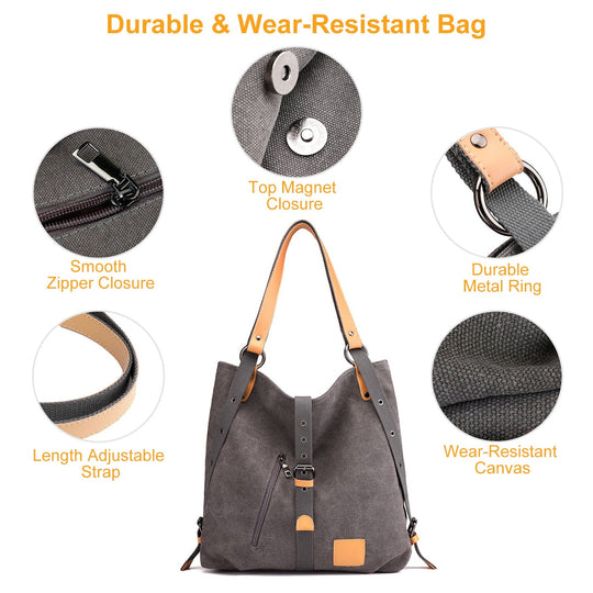 Ladies Canvas Tote Bag Multifunctional Purse Handbag Adjustable Shoulder Rucksack Convertible Backpack Wear-Resistant Dirt-Proof For Women School Offi