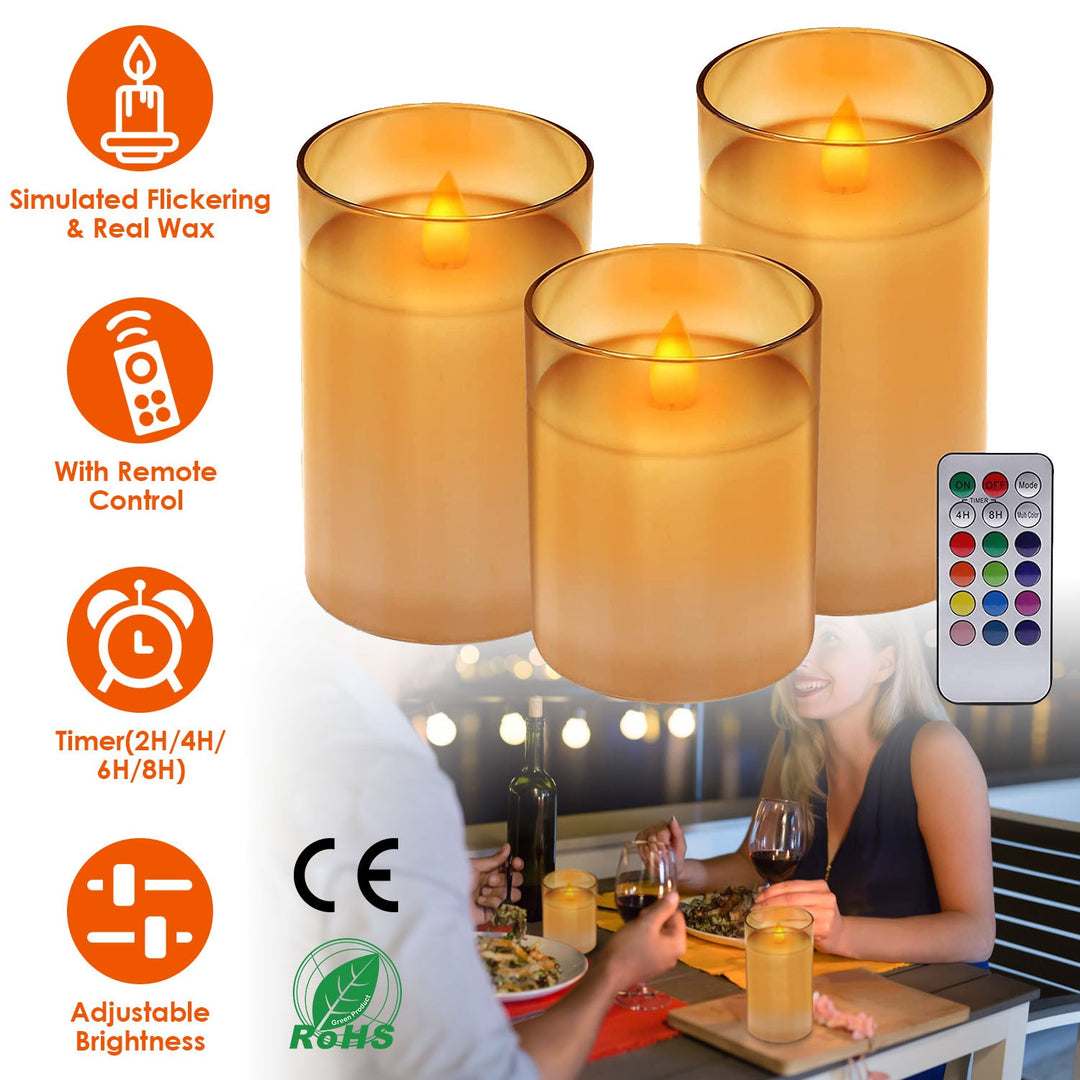 3Packs Flameless Candles Battery Operated Pillar Real Wax LED Glass Candle Warm White with Remote Control Timer
