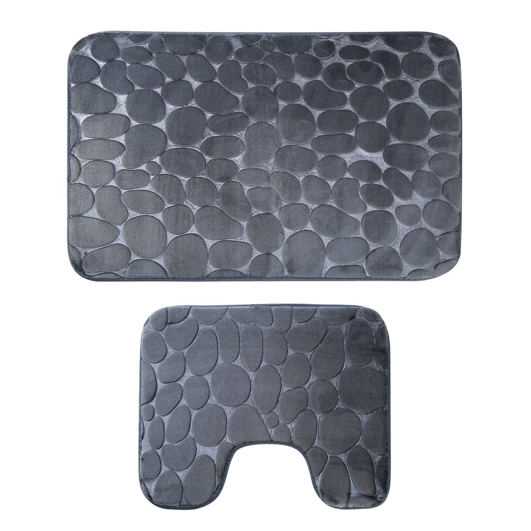 2 Pcs/Set Bathroom Rugs Luxury Flannel Non-Slip Bathroom Rugs Set Soft Pebbles Shower Absorbent Carpet U-Shaped Toilet Mat Washable for Bathroom Entra