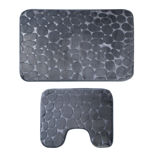 2 Pcs/Set Bathroom Rugs Luxury Flannel Non-Slip Bathroom Rugs Set Soft Pebbles Shower Absorbent Carpet U-Shaped Toilet Mat Washable for Bathroom Entra