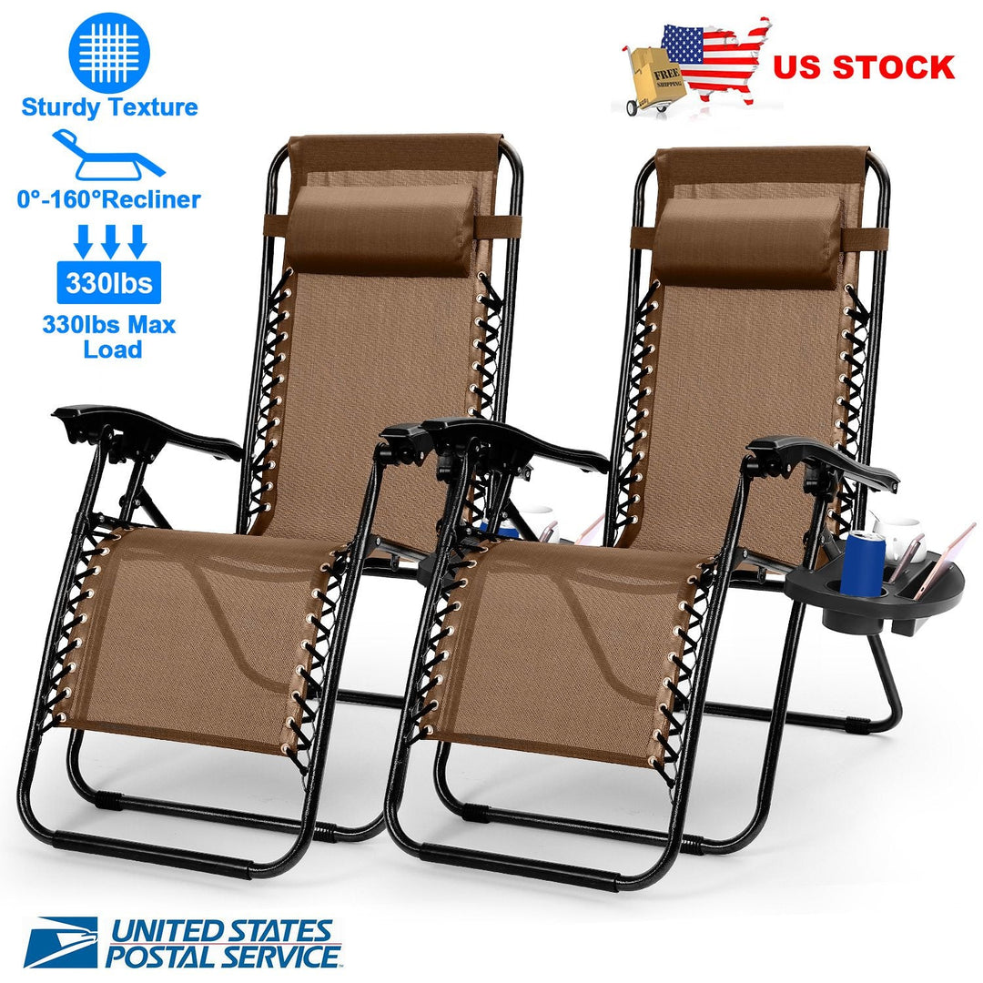 2Packs Zero Gravity Lounge Chair w/ Dual Side Tray 330lbs Load Foldable Recliner Chair w/ Stress Relief Pillow Patio Poolside Beach Lying Chair