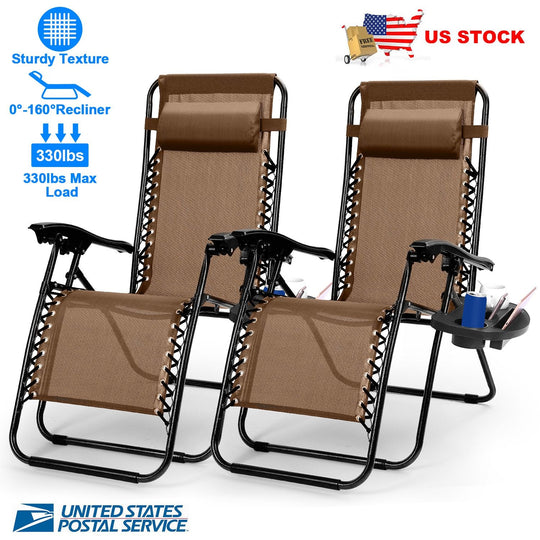 2Packs Zero Gravity Lounge Chair w/ Dual Side Tray 330lbs Load Foldable Recliner Chair w/ Stress Relief Pillow Patio Poolside Beach Lying Chair