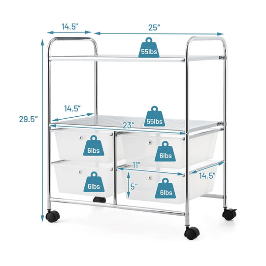 Mobile 4 Drawers Shelves Rolling Storage Cart Rack