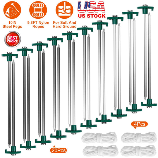 Tent Pegs Ropes Set 20Pcs 9.8in Heavy Duty Tent Stakes Nails Spike with 4x 9.8ft Nylon Ropes Tent Pop Up Canopy Stakes