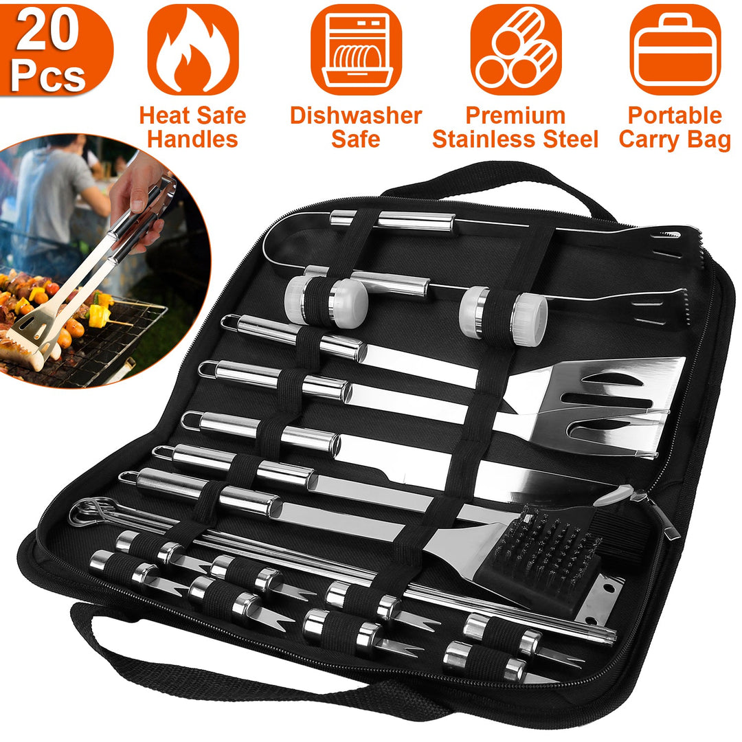 Stainless Steel BBQ Grill Tool Kit Grilling Utensil Accessories w/ Spatula Tongs Fork Knife_x000B__x000B_Brush Pepper Salt Shaker Bottle Grilled Skewers Corn Need