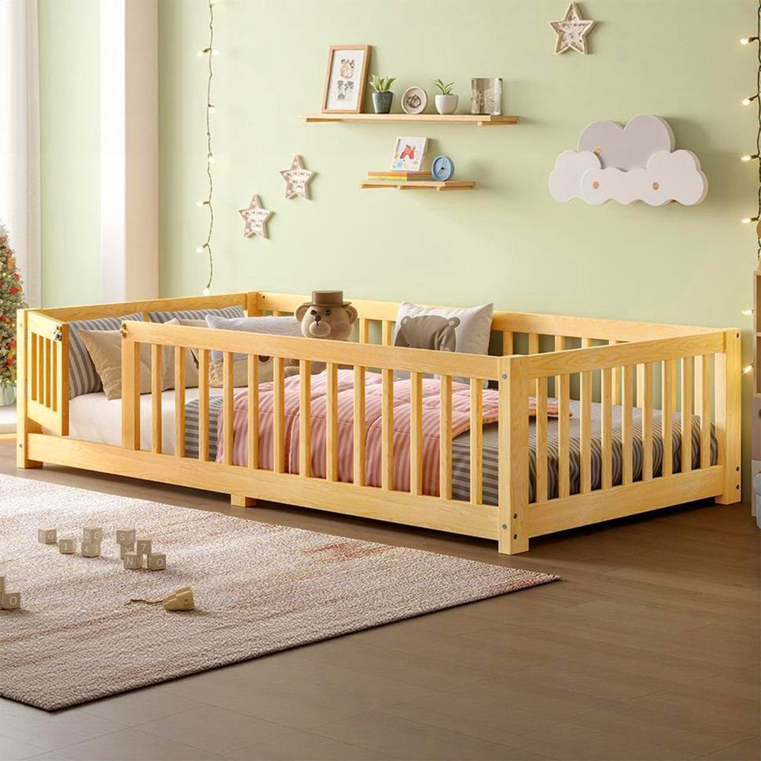 Montessori Floor Bed with Safety Guardrails - Pine Wood