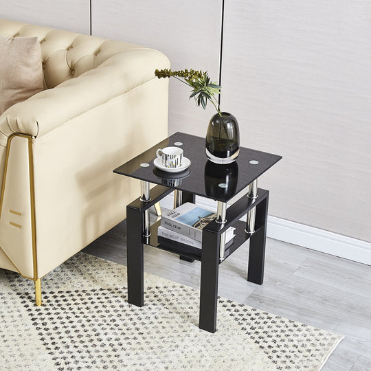 2Pcs Tempered Glass Sofa Table, 2-Tier Black End Table with Powder-Coated Iron Frame, Modern Glass Side Table for Living