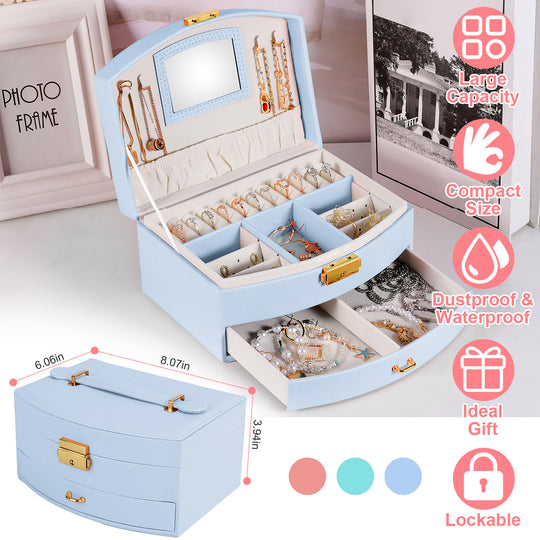 2-Layer Lockable Jewelry Box with Travel Handle