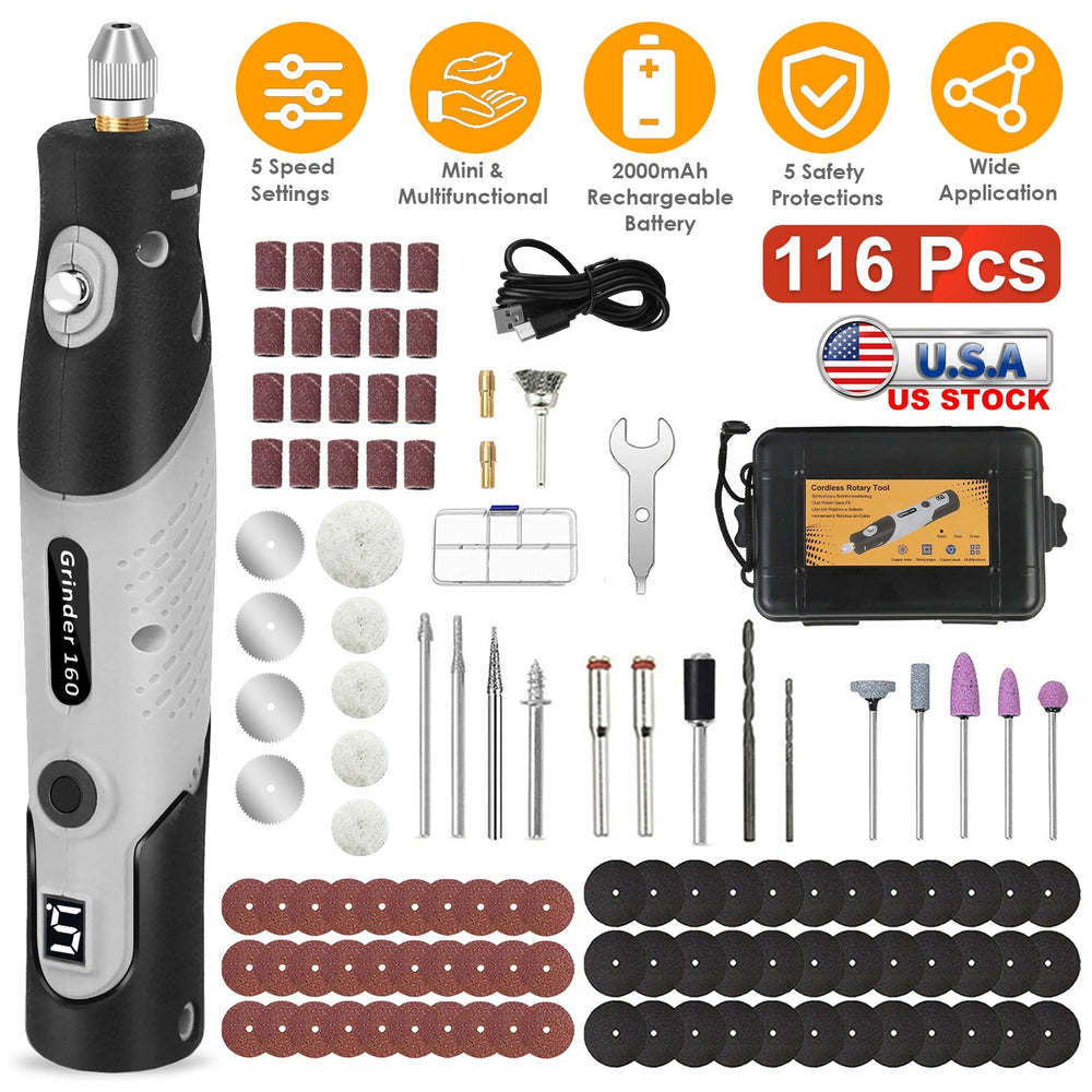 116Pcs 4V Cordless Rotary Tool Kit Power Rotary Tools with 5 Speeds 2000mAh Rechargeable Battery for Sanding Polishing Drilling Engraving Cutting Grin