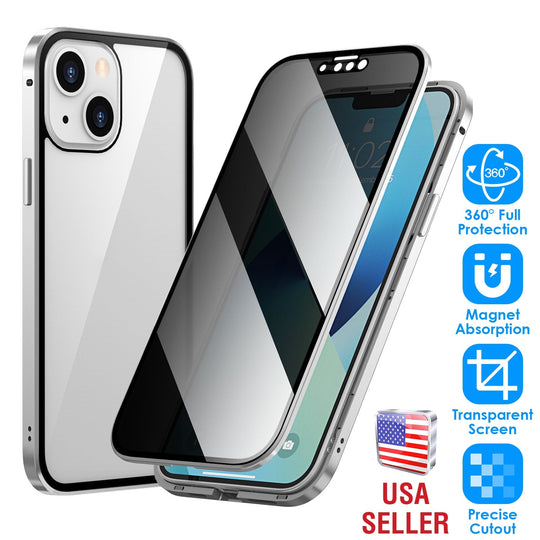 Privacy Magnetic Phone Case 360¡ Full Protection Anti Spy Phone Cover Double Sided Tempered Glass Magnet Absorption Fit for IOS Phone 14 Plus