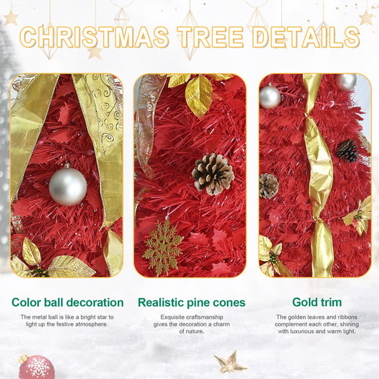 6FT Red Pre-Lit Christmas Tree with 150 LED Lights & Ornaments