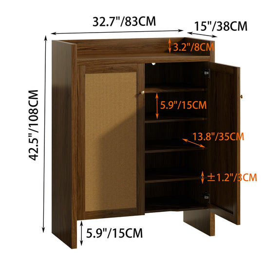 Rattan Shoe Cabinet with Doors, 6-Tier Storage Organizer