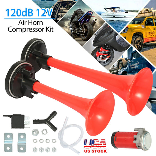 Air Horn Dual Trumpet 12V 115DB Loud Boat Motorcycle Truck Air Horn Compressor Kit