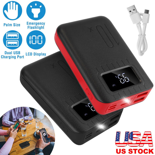 10000mAh Portable Power Bank External Battery Pack Charger Dual USB Charge Ports with LCD Display Flashlight Type C Micro USB Lightning Input Ports