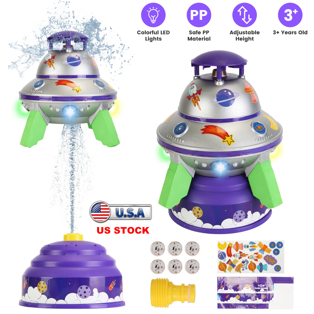 UFO Water Sprinkler Outdoor Summer Rocket Toy With Colorful LED Lights 360° Spinning 1.64FT To 6.56FT Adjustable Height Birthday Summer Gift For Girls
