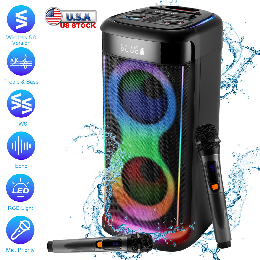 Portable Wireless Party Speaker | LED Lights, 2 Wireless Mics, Remote, TWS & Guitar Input