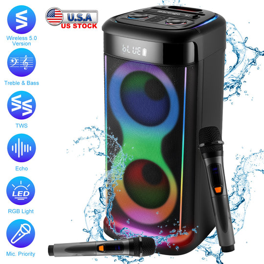 Portable Wireless Party Speaker | LED Lights, 2 Wireless Mics, Remote, TWS & Guitar Input