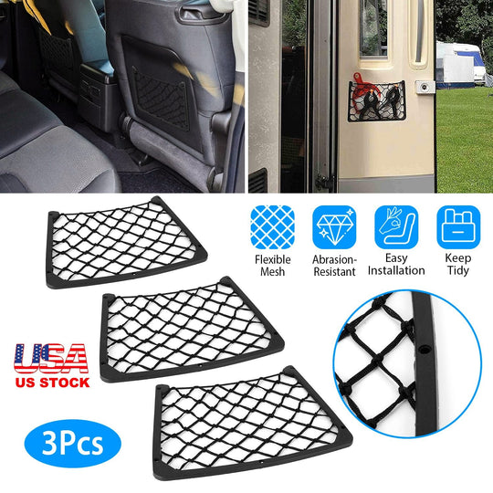 3Pcs Mesh Pockets Seat Side Back Wallet Phone Storage Net Bag Framed Stretch Car Bus Organizer Holder For Auto RV SUV Boat