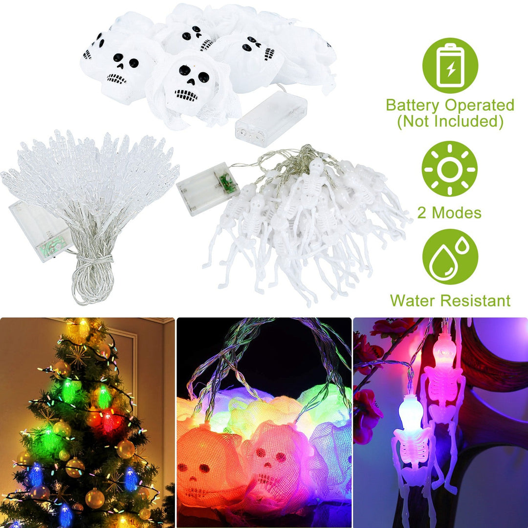 3Pcs Halloween Light Decorations Total 50 LEDs 24ft Halloween String Lights Colorful 3D Skeleton Ghost String Lights Gauze Skull String Lights Spooky
