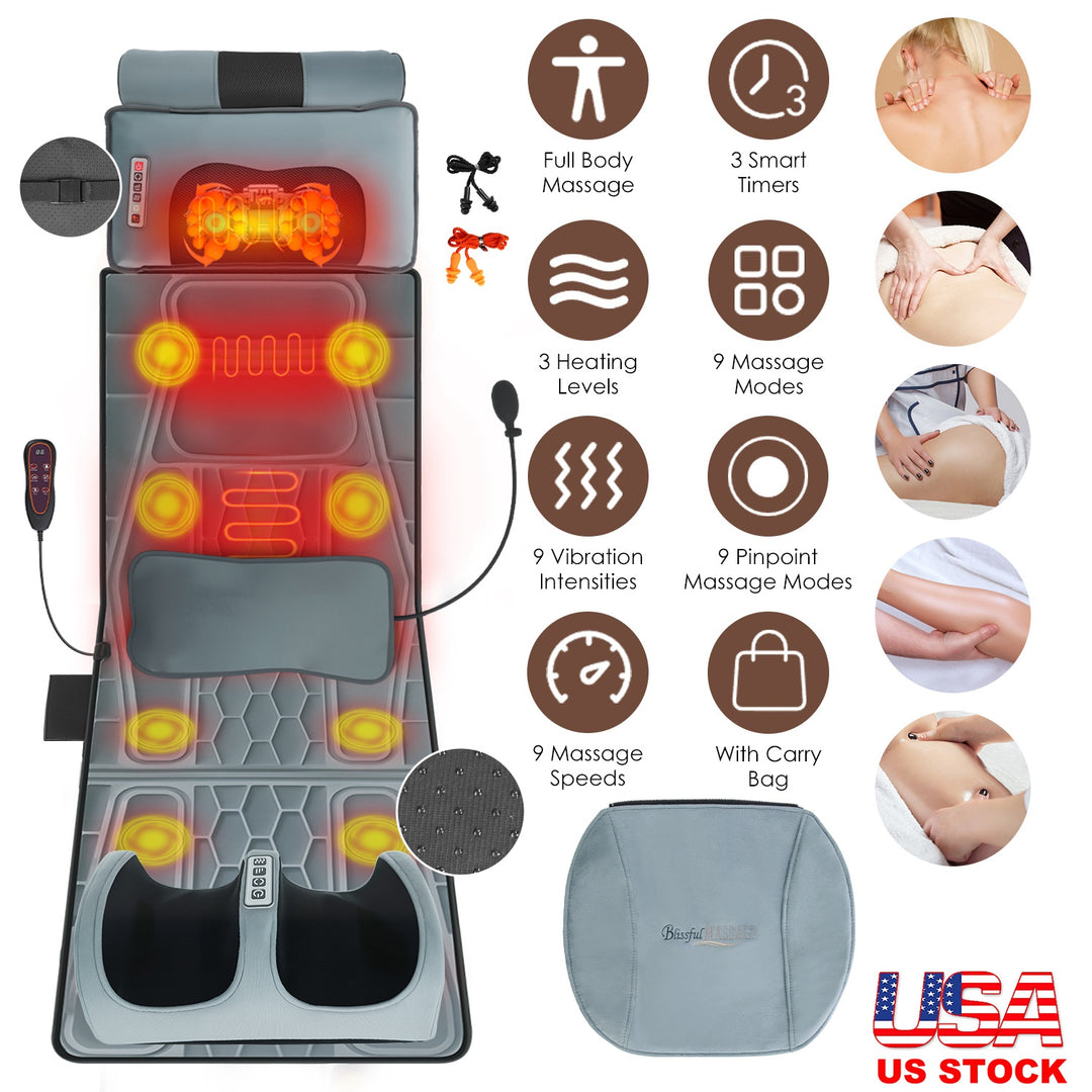 Flannel Full Body Massage Mat Multifunctional Massage Chair Pad with Heat Timer Shiatsu Neck Foot Massager Lumbar Pillow