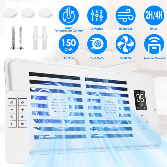 Register Booster Fan Smart AC Vent Booster Fan Fits 4" x 10" Register Holes with 3 Modes 10 Speeds 2H/4H Timer LCD Screen 2 Scent Diffuser Slots Remot