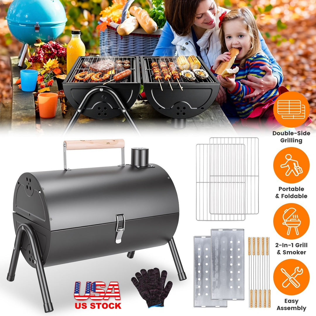 Portable Charcoal Grill with Double-Sided Cooking & 10 Skewers