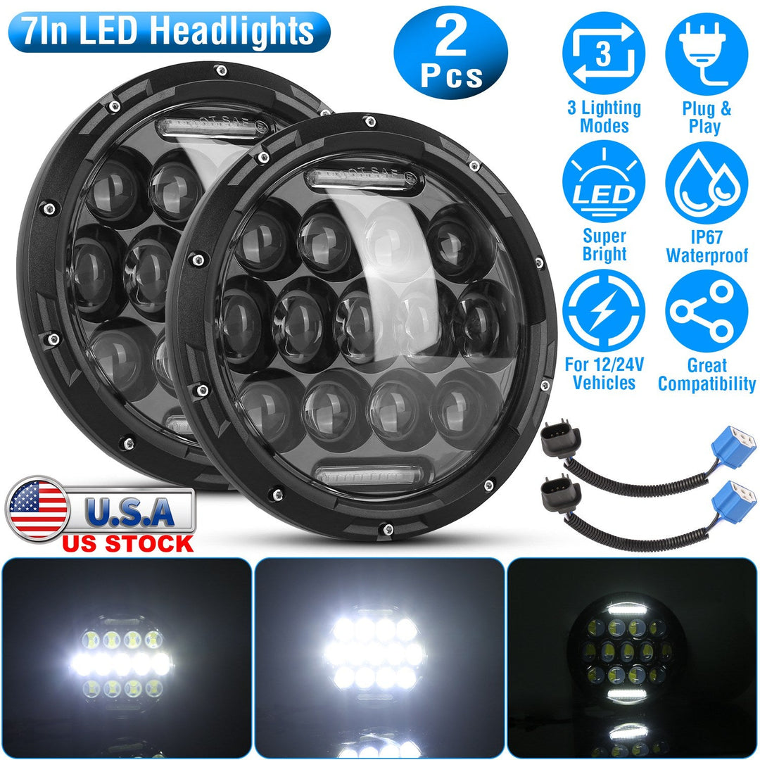 2Pcs 7In 75W Round LED Headlight 3500LM Halo Car Headlamp with DRL High Low Beam for Jeep Wrangler TJ JK CJ with H4 to H13 Adapters Plug and Play