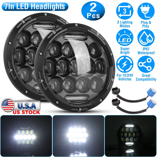 2Pcs 7In 75W Round LED Headlight 3500LM Halo Car Headlamp with DRL High Low Beam for Jeep Wrangler TJ JK CJ with H4 to H13 Adapters Plug and Play