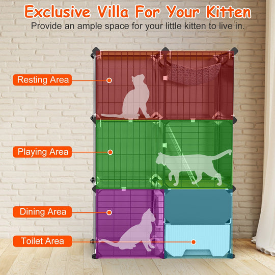 3-Tier Indoor Cat Cage with Litter Box, Hammock & Ladder, Detachable Metal Wire Cat Kennel Enclosure for 1–2 Kittens