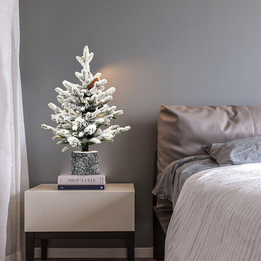 2FT Pre-Lit Flocked Christmas Tree with Pot & Pine Cones