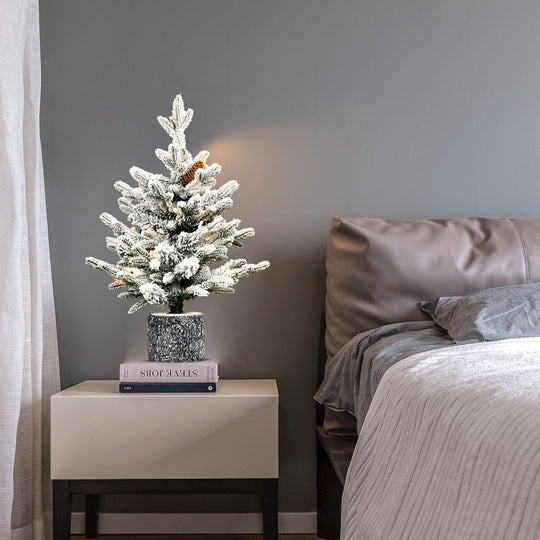 2FT Pre-Lit Flocked Christmas Tree with Pot & Pine Cones
