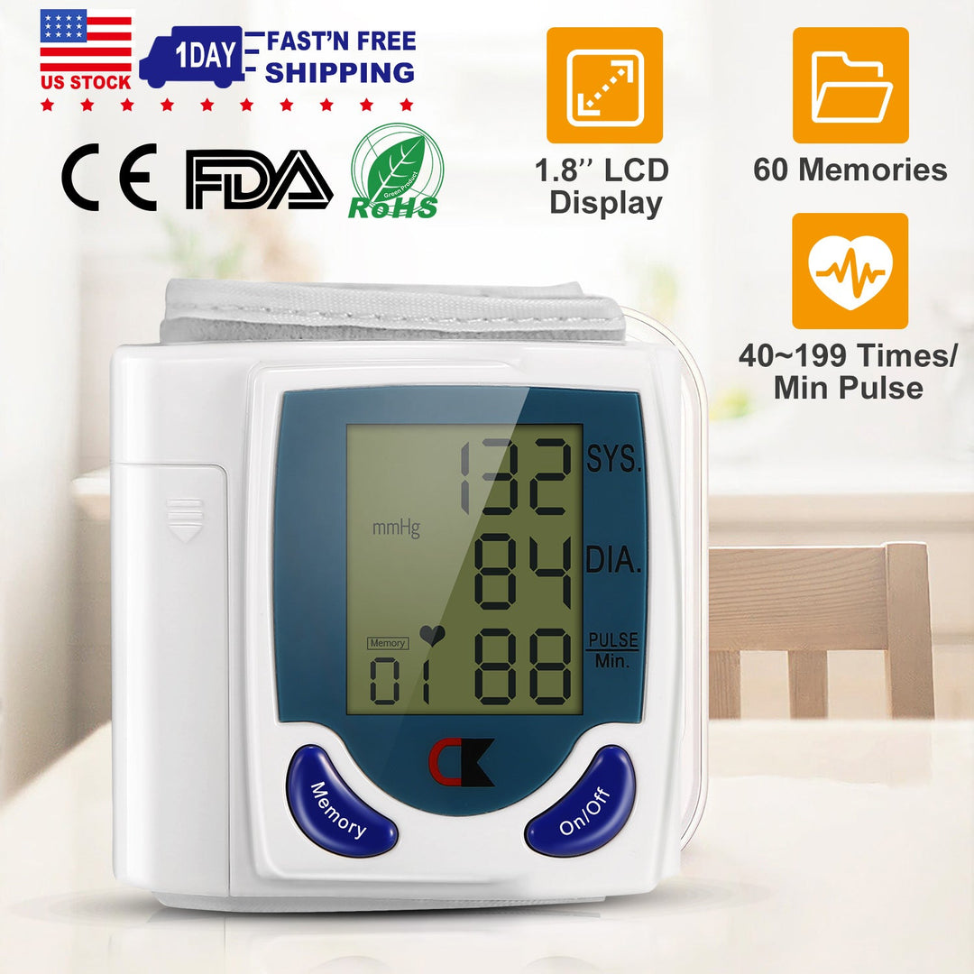 Blood Pressure Monitor Wrist Digital High Blood Pressure Cuff Heartbeat Tester w/ 60 Reading Memory 1.8 Inches LCD Screen Storage Box