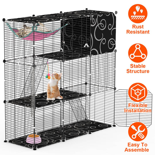 3-Tier Cat Cage Enclosure Indoor Cat Cage Playpen With Hammock Toy Ball Ladder DIY Iron Wire Cat House Kennels Crate For 1-2 Cats Ferret Rabbit Small