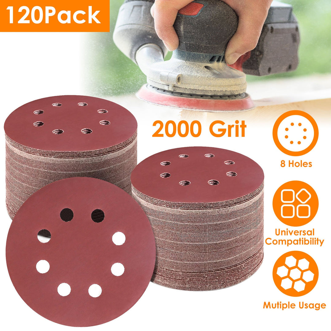 120Pack 5 Inch 8 Hole Round Sandpapers Random Orbital Sander Pads Sanding Discs 2000Grit