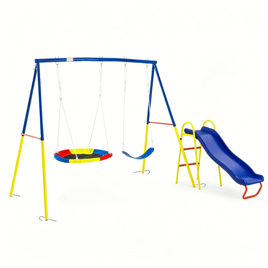 3 in 1 Swing Set with Slide for Backyard, Outdoor Playground Set with 33 Inch Saucer Swing, Belt Swing and Kids Slide, H