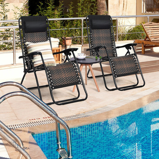 2 Pieces Folding Patio Rattan Zero Gravity Lounge Chair