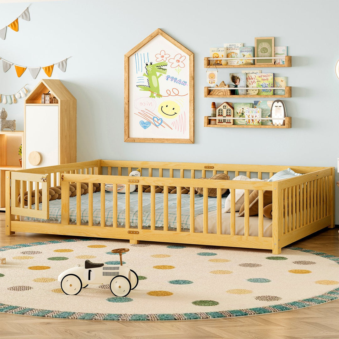 Montessori Floor Bed with Safety Guardrails and Lockable Door
