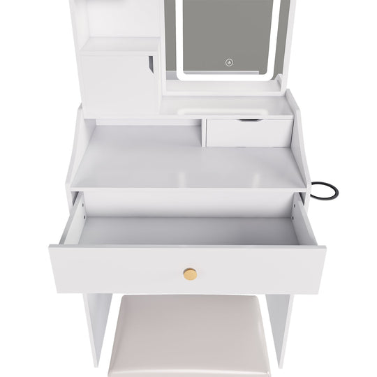 White Vanity Desk Set with LED Lighted Mirror & Padded Stool