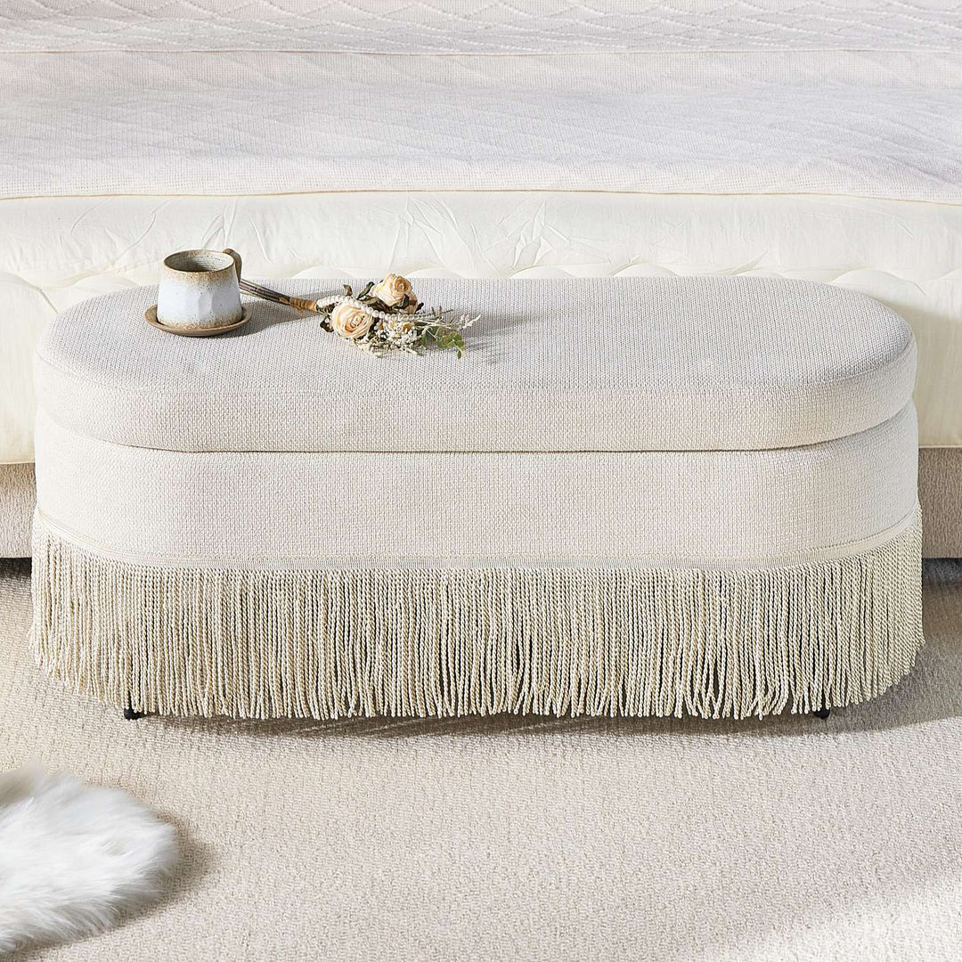 Oval Upholstered Storage Ottoman with Fringe Trim, 39.4"