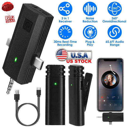 2 Pack 3 in 1 Wireless Clip On Microphone Omnidirectional Mic Noise Reduction Plug and Play 65.6FT Transmission Type-C IOS PC Video Record Interview V