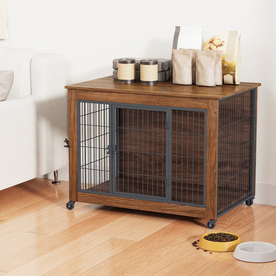 Dog Crate Furniture with Lockable Wheels & Dual Doors