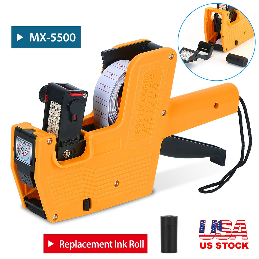 8 Digits Price Numerical Tag Gun Price Label Marker Tagger MX-5500 w/ Sticker Labels Refill Ink for Office Supermarket Retail Shop Grocery Store