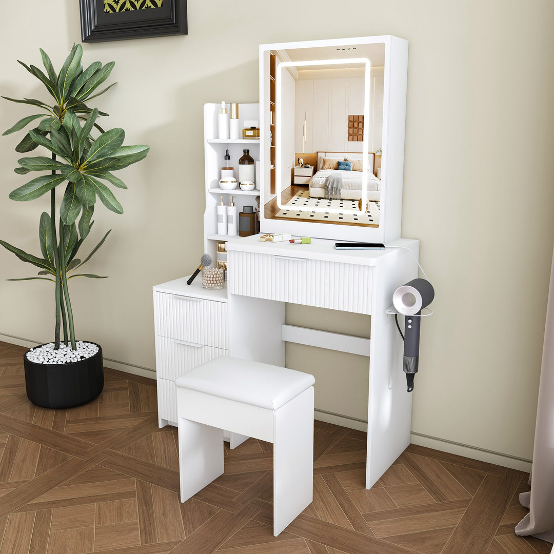 Vanity Desk Set Makeup Dressing Table with Stool, Lighted Mirror, 3 Drawers, 3 Open Shelves, 3 Open Cubbies, Power Stati