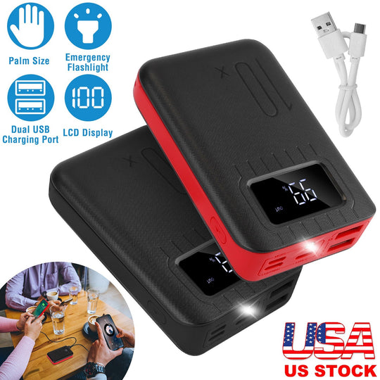 10000mAh Portable Power Bank External Battery Pack Charger Dual USB Charge Ports with LCD Display Flashlight Type C Micro USB Lightning Input Ports