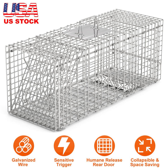 Humane Cat Trap Cage Catch Release Live Animal Rodent Cage Collapsible Galvanized Wire for Raccoons Beavers Groundhogs Foxes Armadillos
