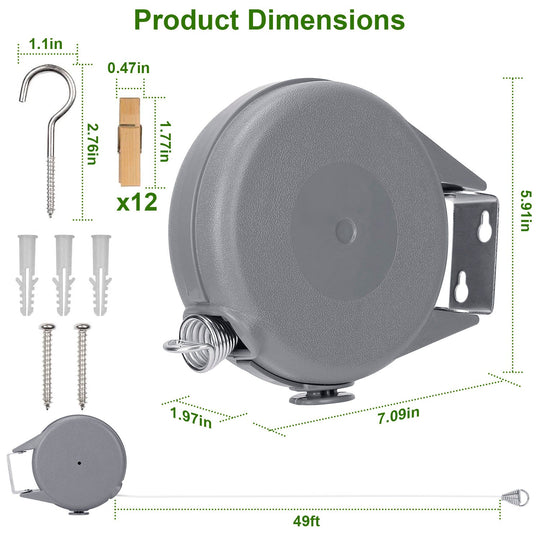 Retractable Clothesline Outdoor 49FT PVC Automatic Washing Dryer Cord Easy Hanging Rope For Wet Dry Clothes