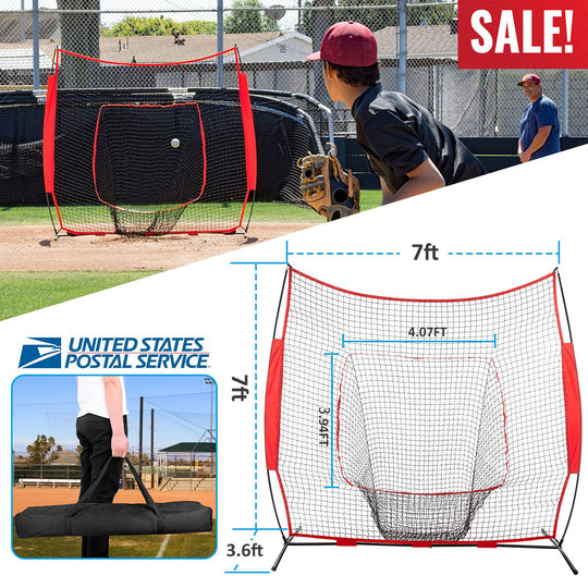 7x7ft Baseball Softball Teeball Practice Net Batting Hitting Pitching Training Net w/ Bow Frame Carrying Bag for Solo Team Training