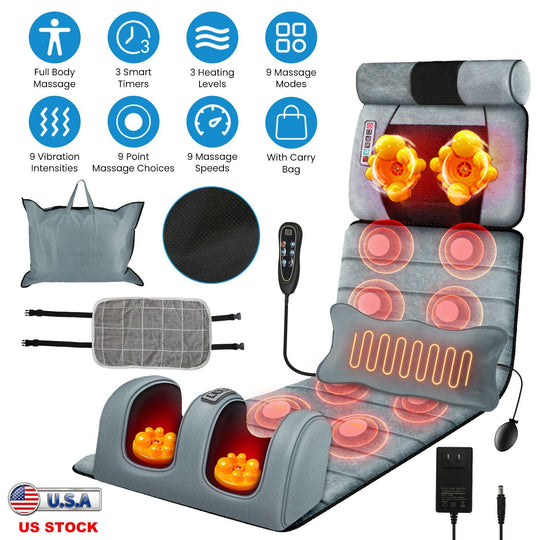 Full Body Electric Massage Mat Heating Vibration Massage Pad Cushion Back Massage Mattress Chair Pad with Neck Foot Massage Head Pillow and Cloth Lumb