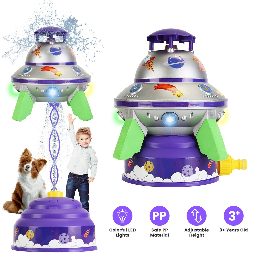 UFO Water Sprinkler Outdoor Summer Rocket Toy With Colorful LED Lights 360° Spinning 1.64FT To 6.56FT Adjustable Height Birthday Summer Gift For Girls